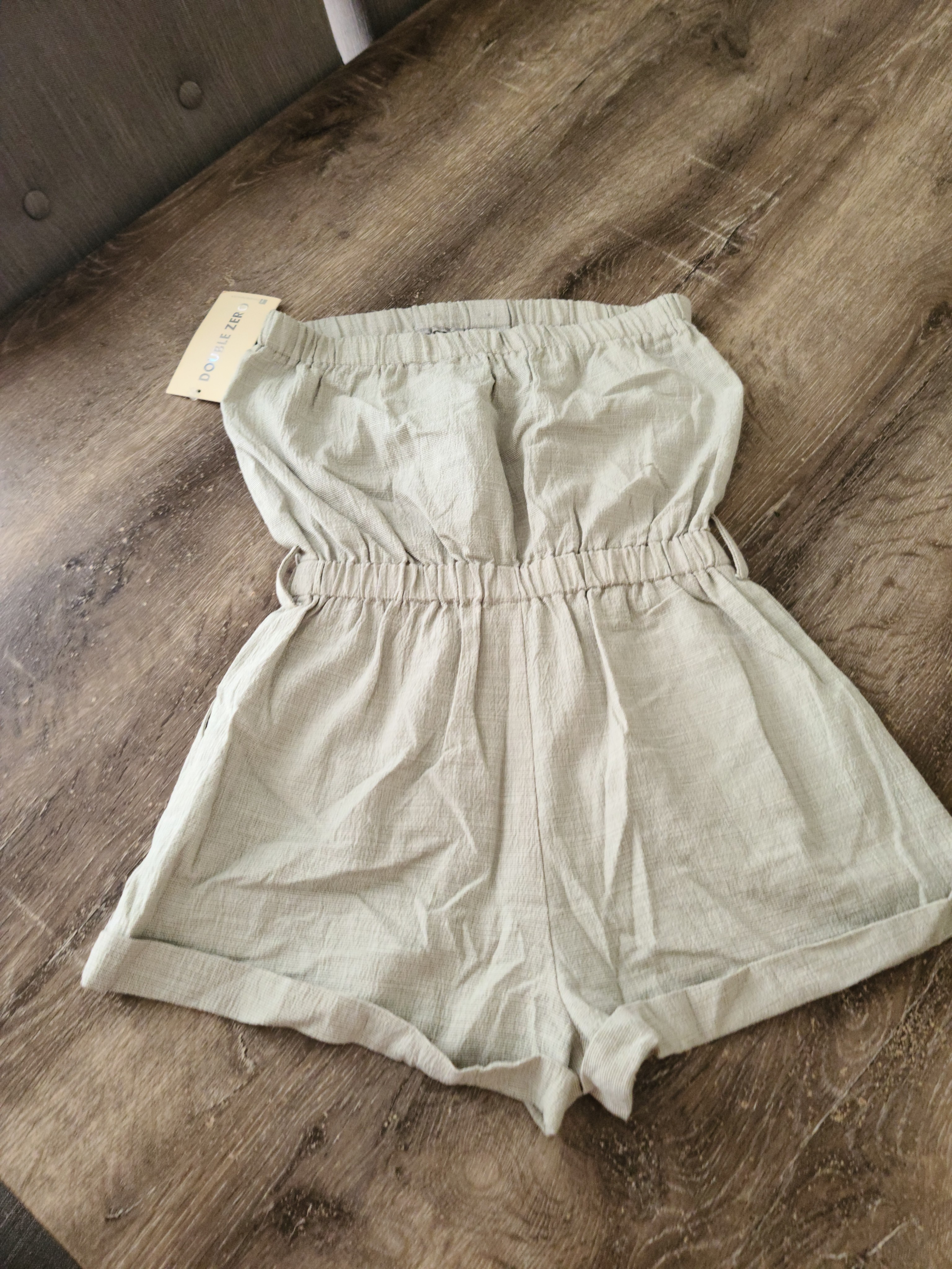 Double Zero Light Beige Strapless Linen-Blend Romper — image 4 of 5